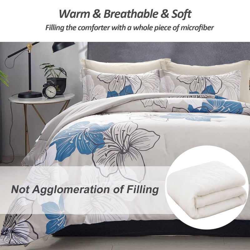 Menghomeus Floral Comforter Set Full Blue Floral Pattern Printed on Grey, Soft Microfiber Bedding Set Lightweight Boho Bed Set for All Season (1 Comforter, 2 Pillowcases) - Image 3