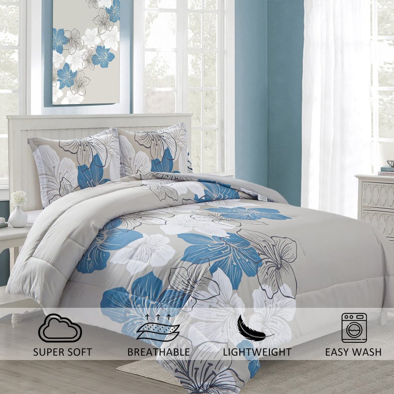 Menghomeus Floral Comforter Set Full Blue Floral Pattern Printed on Grey, Soft Microfiber Bedding Set Lightweight Boho Bed Set for All Season (1 Comforter, 2 Pillowcases) - Image 2