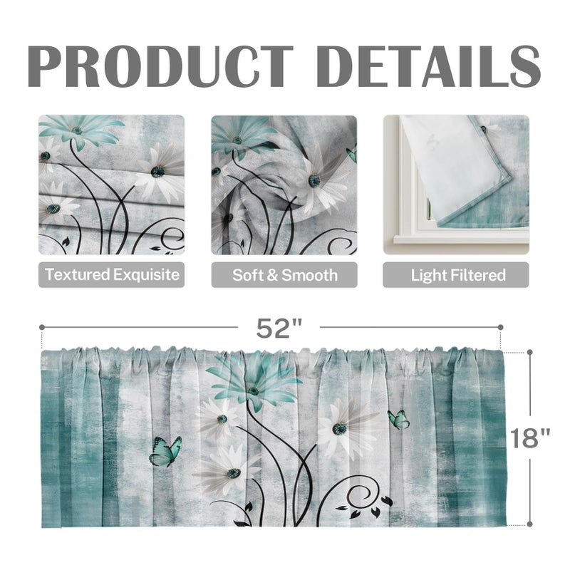 Emvency 2 Pack Valances Window Treatments, Farmhouse Green Daisy Flowers Butterfly Blackout Drapes Adjustable Curtain for Windows Living Room Kitchen Over Sink, 18x52 Inch Rod Pocket Valances - Image 3