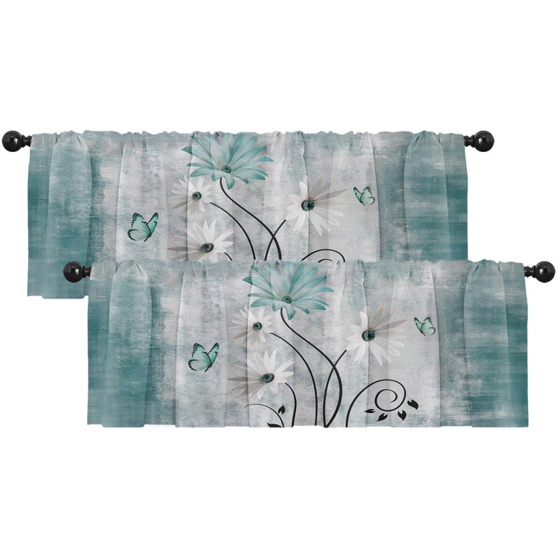 Emvency 2 Pack Valances Window Treatments, Farmhouse Green Daisy Flowers Butterfly Blackout Drapes Adjustable Curtain for Windows Living Room Kitchen Over Sink, 18x52 Inch Rod Pocket Valances - Image 1
