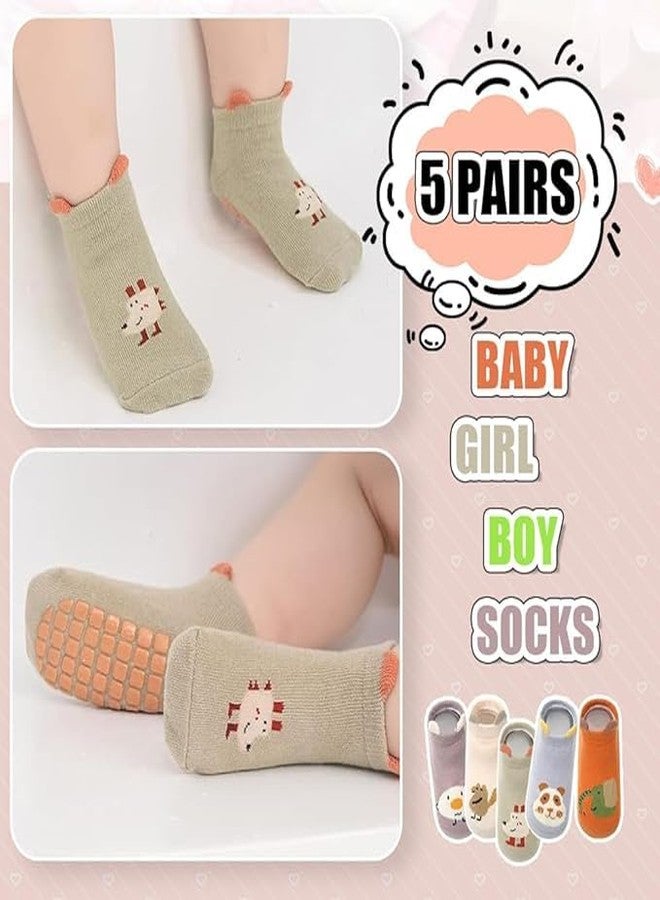 DRANZ 5 Pairs Baby Socks Set Anti Slip Grip for Newborn & Toddler 0-3 Years Non Skid Silicone Sole Ankle Socks Lycra Cotton Cute Cartoon Design for Boys Girls Baby Shower Gift Soft Breathable Fit Wear - Image 4