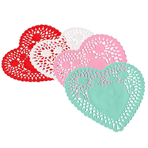 RIVCOIM Heart Doilies: Elegant Paper Doilies for Crafts and Valentines 6 inch-100 Pcs of Paper Heart Doilies in Red, Pink, White, Blue (25 Each). - Image 1