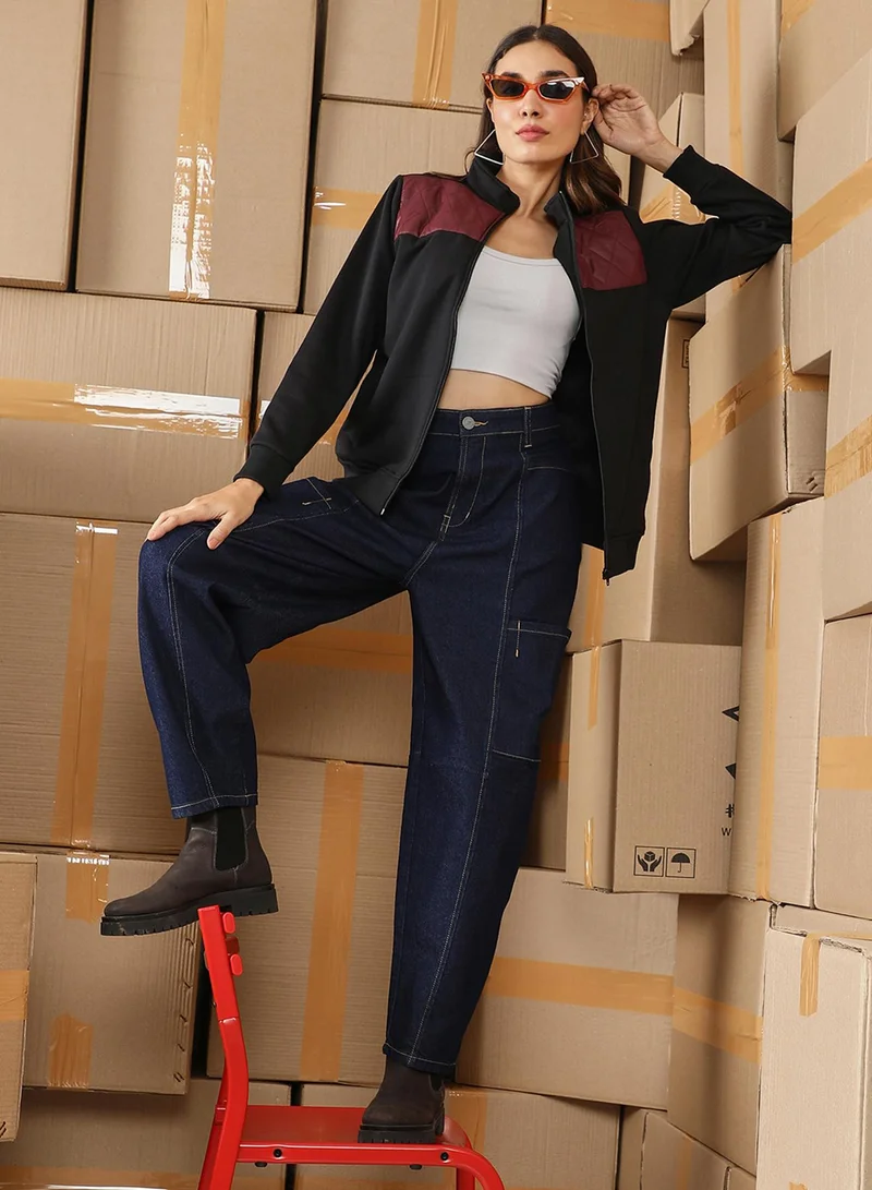 Pinacolada  Women's Mocha Brown & Onyx Black Zip-Front Block Jacket for Women | Best Price UAE