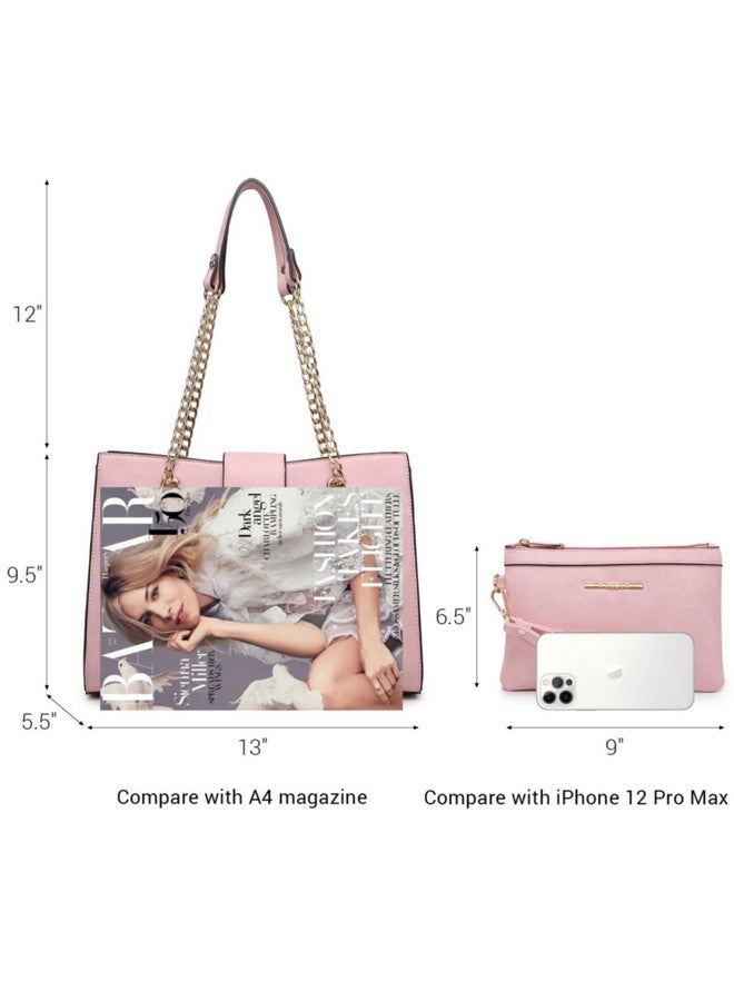 Dasein Women Fashion Tote Handbag Purse With Chain Shoulder Top Handle Hobo Bag & Matching Clutch (Pink) - Image 4