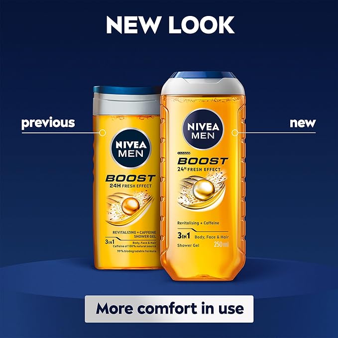 NIVEA MEN BOOST Shower Gel 250 ml Moisturising 3in1 Body Wash for Men with Naturally Sourced Caffeine Revitalising NIVEA MEN Shower Gel