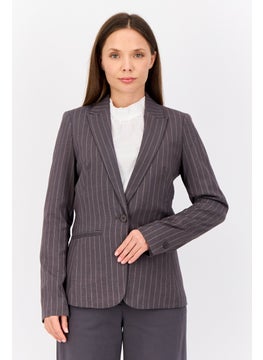 ESPRIT Women Regualar Fit Stripes Semi Formal Blazer,  Grey  - Image 1