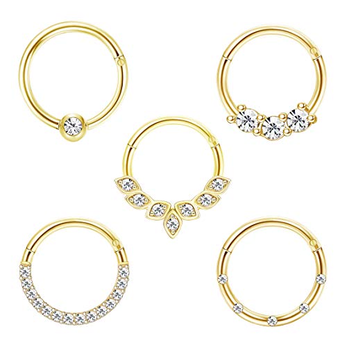 Drperfect 16G Septum Clicker Rings Stainless Steel Nose Rings Hoop for Women CZ Cartilage Helix Tragus Daith Earrings Nose Ring Hoop Hinged Segment Lip Piercing Jewelry 10MM Gold - Image 1