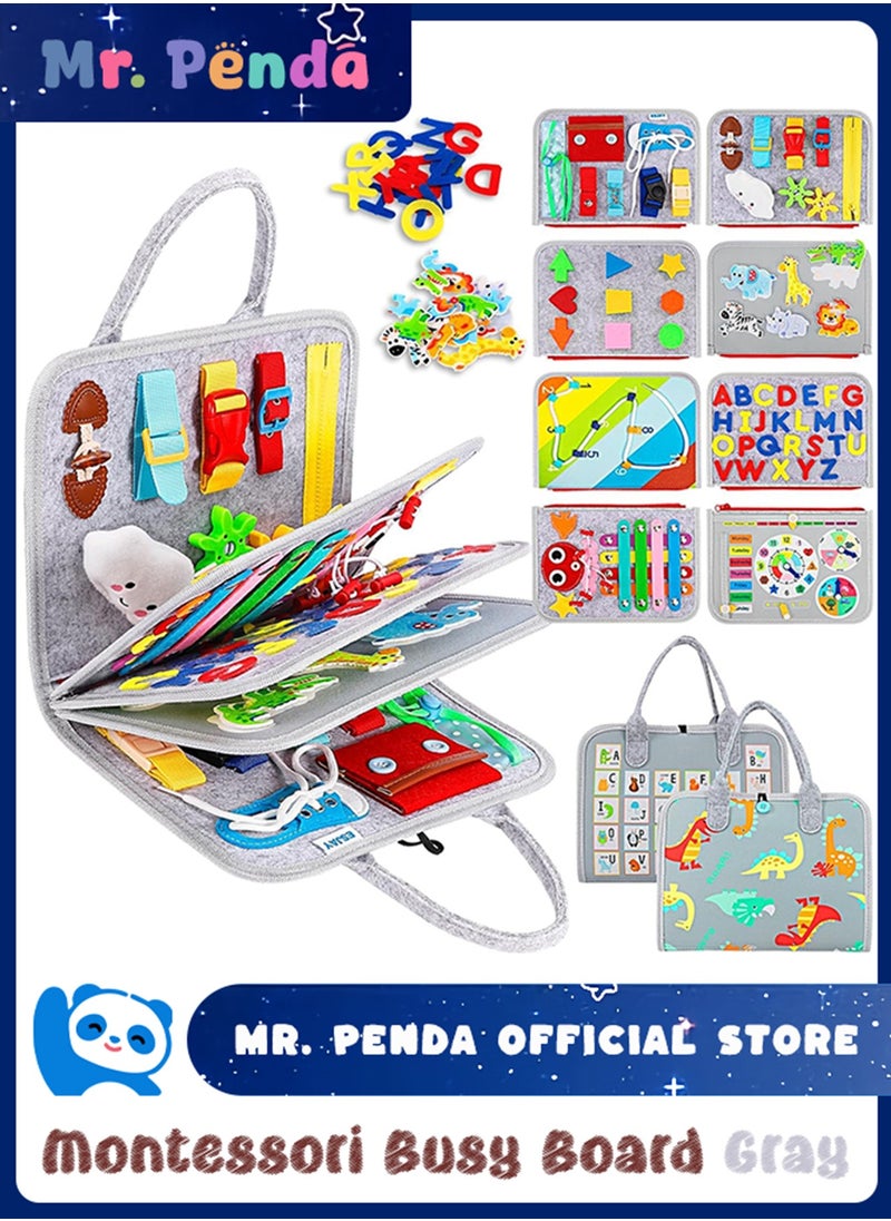 Mr. Penda Montessori Busy Board for Toddlers, 8-in-1 Sensory Activity Board Toy for 1-4 Year, Educational Travel Toy with Zippers, Buttons, Shapes, Alphabet, Clock, Quiet Book for Plane, Home (Gray)  - Image 1