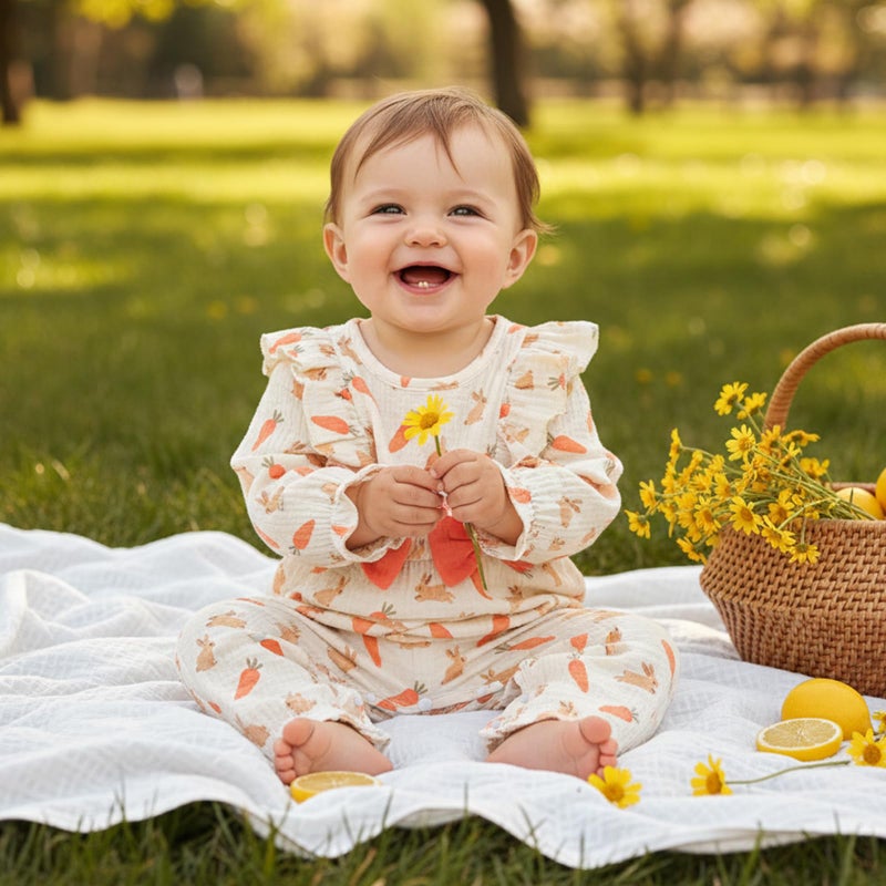Lamuusaa Newborn Baby Girl Boy Easter Outfit Long Sleeve Bunny Carrot Romper Ruffle Bow Bodysuit Cotton Linen Jumpsuit 0-18M (Apricot, 3-6 Months) - Image 2