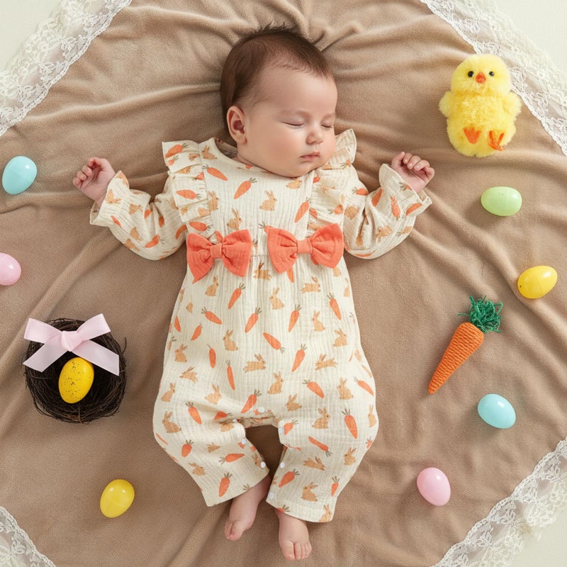 Lamuusaa Newborn Baby Girl Boy Easter Outfit Long Sleeve Bunny Carrot Romper Ruffle Bow Bodysuit Cotton Linen Jumpsuit 0-18M (Apricot, 3-6 Months) - Image 3