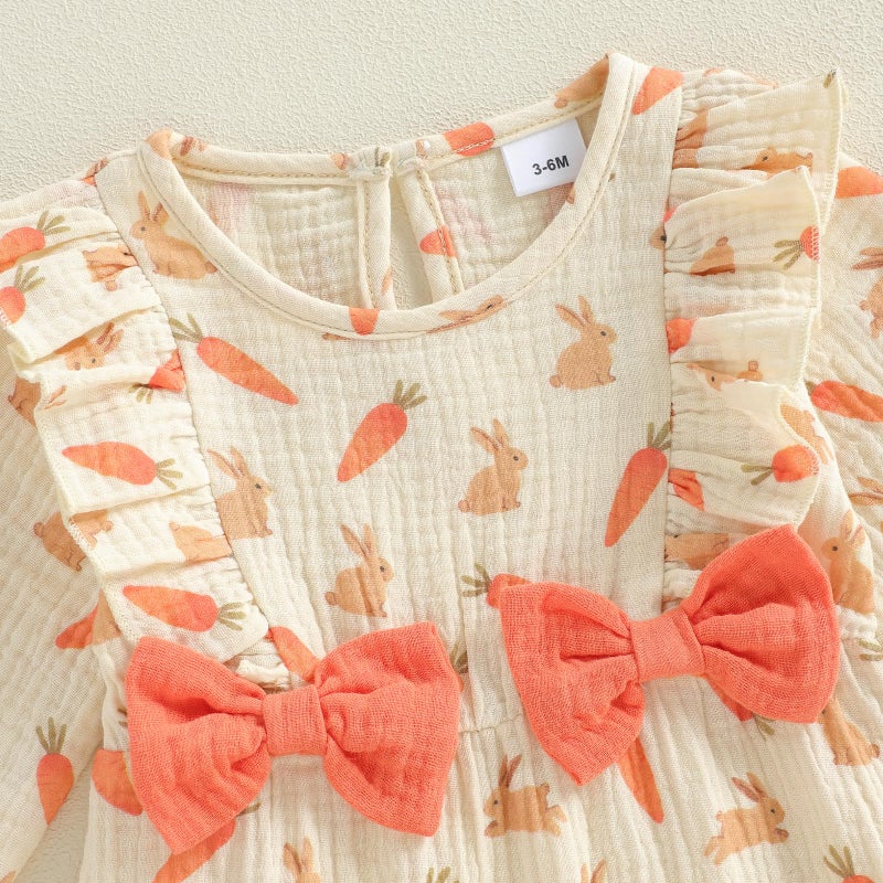 Lamuusaa Newborn Baby Girl Boy Easter Outfit Long Sleeve Bunny Carrot Romper Ruffle Bow Bodysuit Cotton Linen Jumpsuit 0-18M (Apricot, 3-6 Months) - Image 4