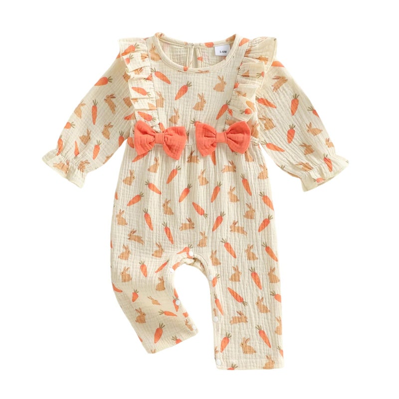 Lamuusaa Newborn Baby Girl Boy Easter Outfit Long Sleeve Bunny Carrot Romper Ruffle Bow Bodysuit Cotton Linen Jumpsuit 0-18M (Apricot, 3-6 Months) - Image 1