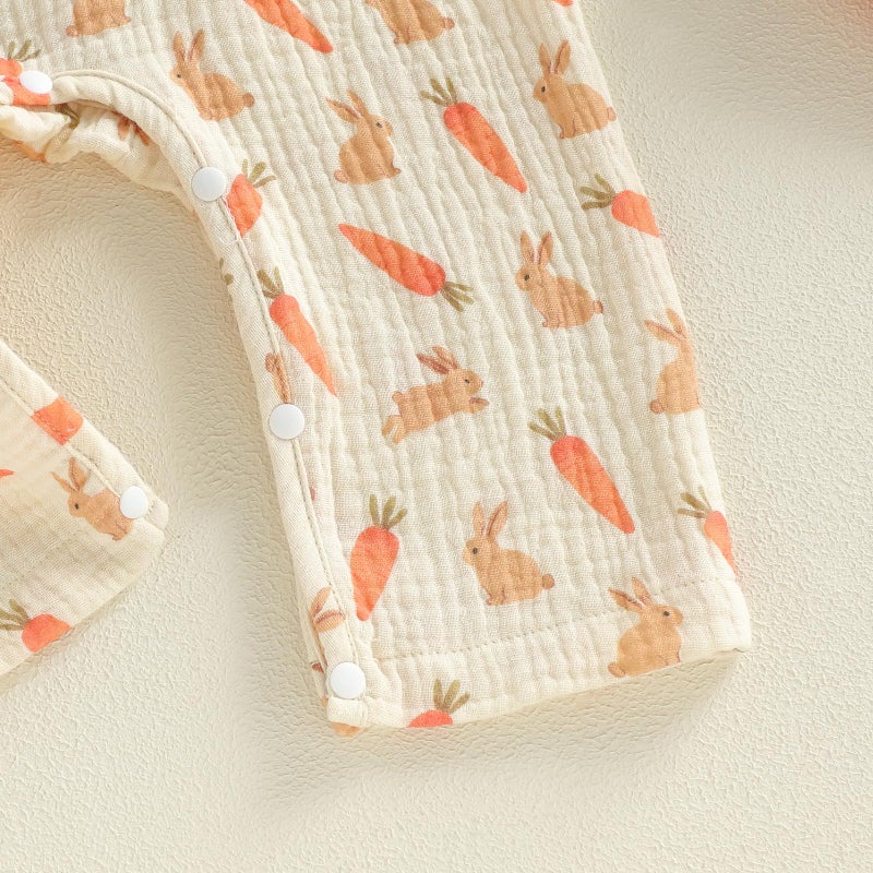 Lamuusaa Newborn Baby Girl Boy Easter Outfit Long Sleeve Bunny Carrot Romper Ruffle Bow Bodysuit Cotton Linen Jumpsuit 0-18M (Apricot, 3-6 Months) - Image 5