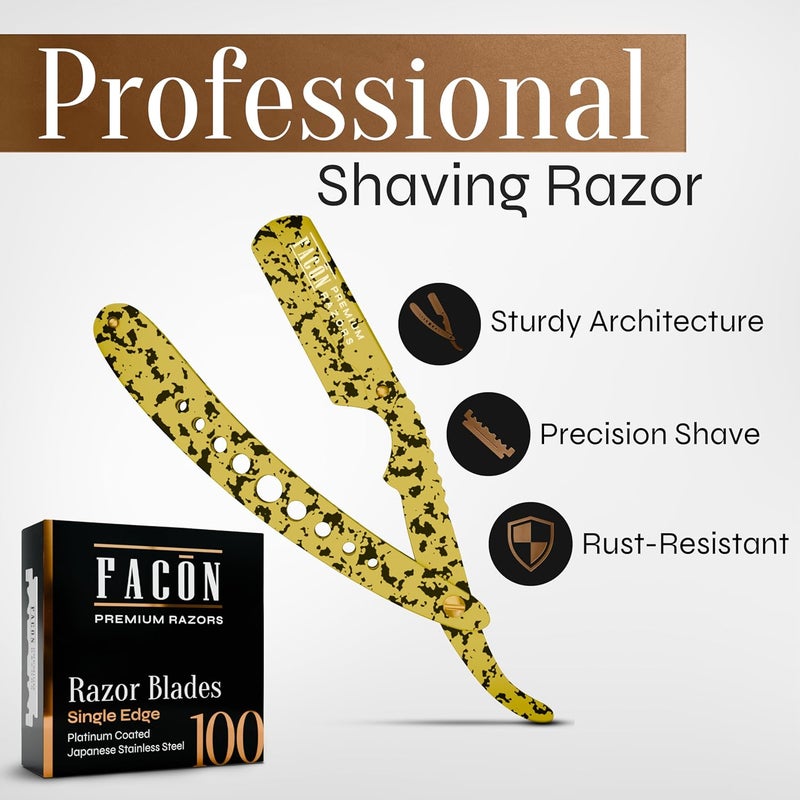 FACON Facón Straight Razors for Men - Professional Barber Straight Edge Razor Kit with 100 Blades, Classic Stainless Steel Barbero Shaver for a Smooth & Precise Shave, Premium Barber Razor for Men's Shaving - Image 2