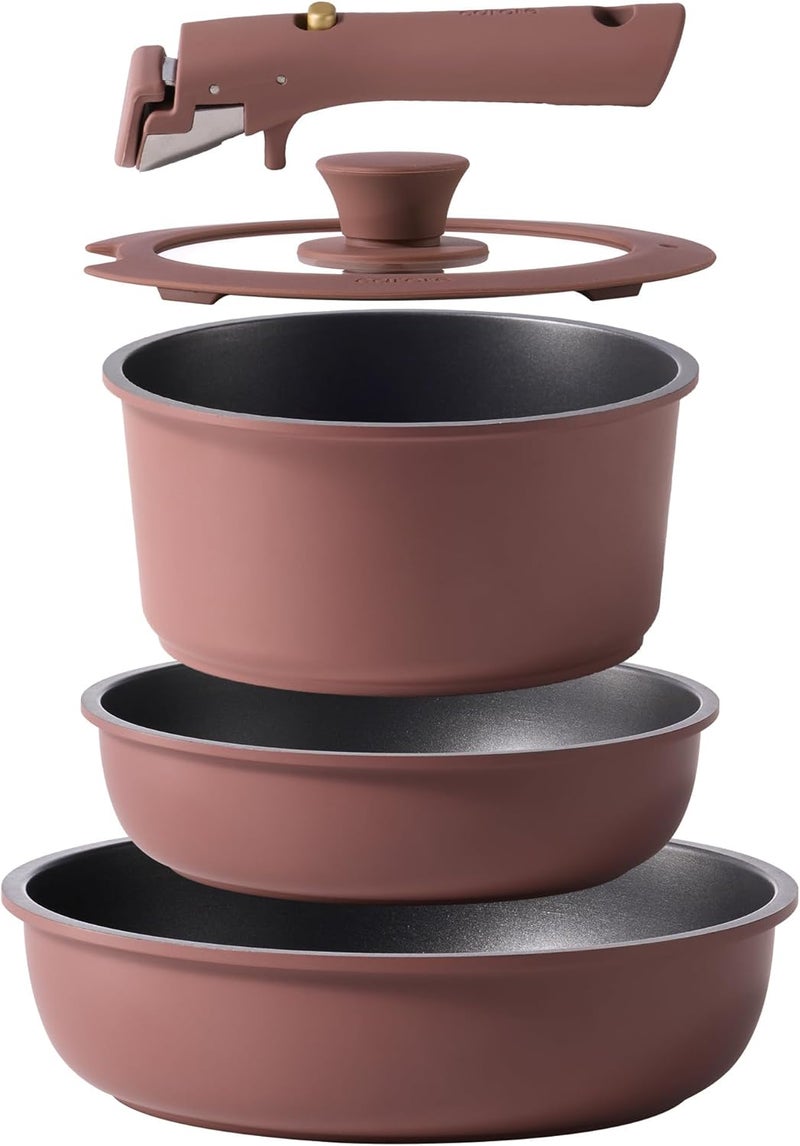 CAROTE طقم أواني ومقالي 5 قطع غير لاصقة، طقم أواني مطبخ بمقابض قابلة للفصل، أساسيات المطبخ، وعاء ومقلاة للمطبخ المتنقل، أواني طهي بالحث، آمنة للاستخدام في الفرن، خالية من PFOA وPFOS، بورجوندي - Image 1