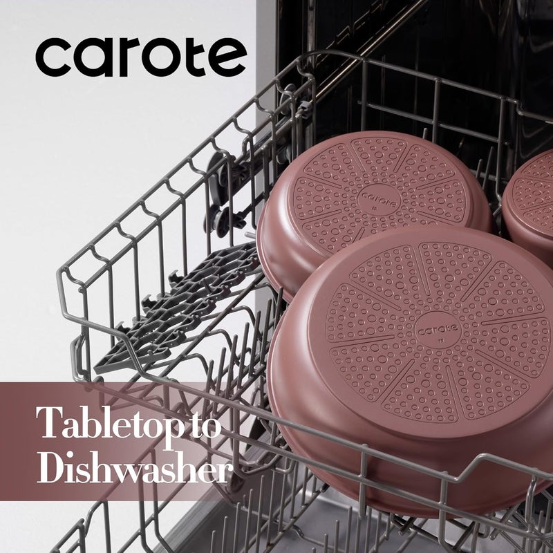 CAROTE طقم أواني ومقالي 5 قطع غير لاصقة، طقم أواني مطبخ بمقابض قابلة للفصل، أساسيات المطبخ، وعاء ومقلاة للمطبخ المتنقل، أواني طهي بالحث، آمنة للاستخدام في الفرن، خالية من PFOA وPFOS، بورجوندي - Image 5