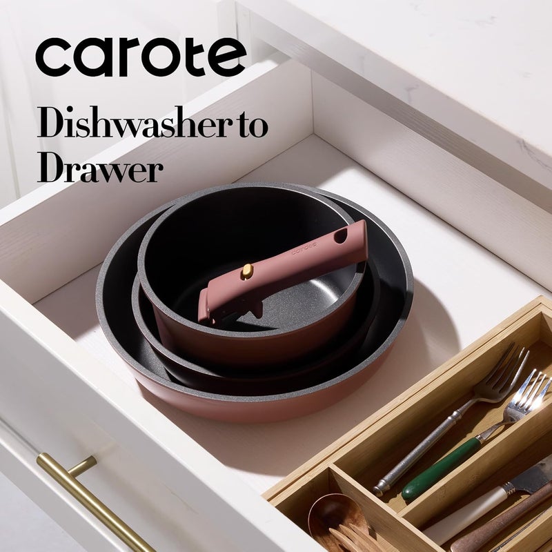 CAROTE طقم أواني ومقالي 5 قطع غير لاصقة، طقم أواني مطبخ بمقابض قابلة للفصل، أساسيات المطبخ، وعاء ومقلاة للمطبخ المتنقل، أواني طهي بالحث، آمنة للاستخدام في الفرن، خالية من PFOA وPFOS، بورجوندي - Image 4