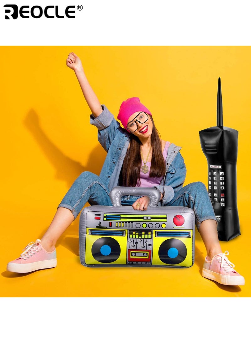 REOCLE 6 Pcs Retro Hip Hop Costume Kit with Inflatable Radio Boombox Toy Phone Costume Necklace Ring Sunglasses and Hat Rapper Dress Up Accessories for Themed Parties and Cosplay Events - Image 3