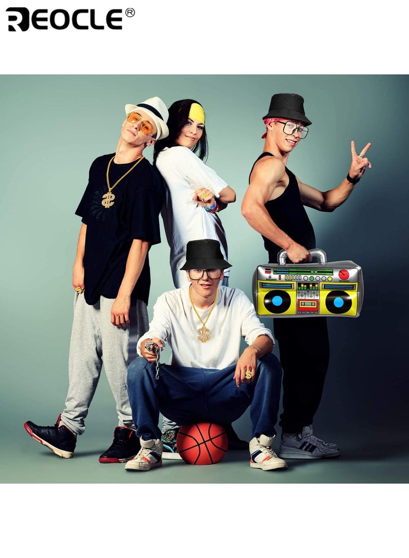 REOCLE 6 Pcs Retro Hip Hop Costume Kit with Inflatable Radio Boombox Toy Phone Costume Necklace Ring Sunglasses and Hat Rapper Dress Up Accessories for Themed Parties and Cosplay Events - Image 2