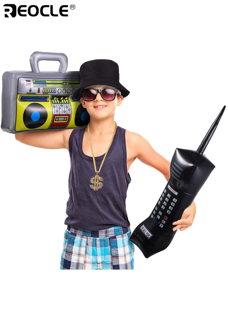 REOCLE 6 Pcs Retro Hip Hop Costume Kit with Inflatable Radio Boombox Toy Phone Costume Necklace Ring Sunglasses and Hat Rapper Dress Up Accessories for Themed Parties and Cosplay Events - Image 4