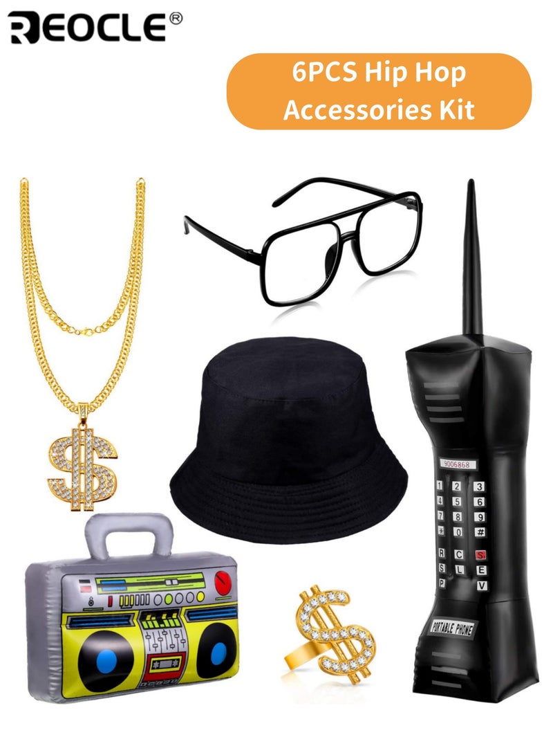 REOCLE 6 Pcs Retro Hip Hop Costume Kit with Inflatable Radio Boombox Toy Phone Costume Necklace Ring Sunglasses and Hat Rapper Dress Up Accessories for Themed Parties and Cosplay Events - Image 1
