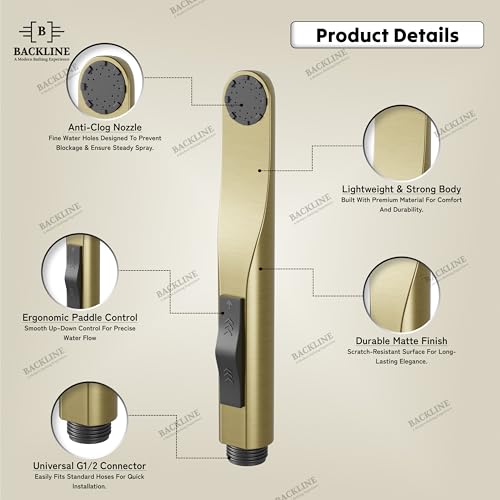 B BACKLINE Backline Water Saving Jet Spray for Toilet | Health Faucet for Toilets | ABS Hand Gun with Hose Pipe 1.2 Meter and Wall Hook/Holder | Bathroom Bidet Spray (Brushed Gold - Full Set (Gun + Hose + Hook)) - Image 3