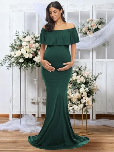 Glampunch Womens Off Shoulder Maternity Dress Ruffles Elegant Slim Gowns Fit Maxi Photography Dress Hunter Green - Image 2