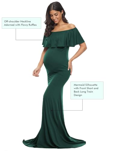 Glampunch Womens Off Shoulder Maternity Dress Ruffles Elegant Slim Gowns Fit Maxi Photography Dress Hunter Green - Image 5