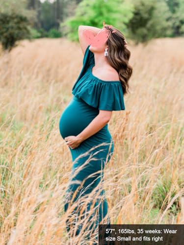 Glampunch Womens Off Shoulder Maternity Dress Ruffles Elegant Slim Gowns Fit Maxi Photography Dress Hunter Green - Image 4