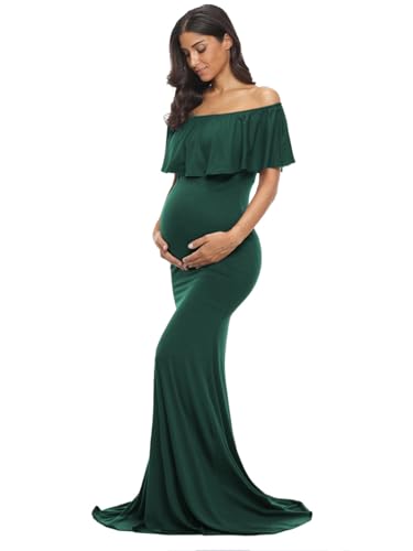 Glampunch Womens Off Shoulder Maternity Dress Ruffles Elegant Slim Gowns Fit Maxi Photography Dress Hunter Green - Image 1