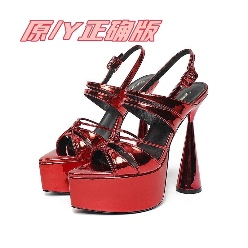 Sheepskin Cowhide Women'S Shoes Waterproof Platform Super High Heel Special-Shaped High Heels Thick Heel Sky-High Full Genuine Leather Women'S Sandals - Image 2
