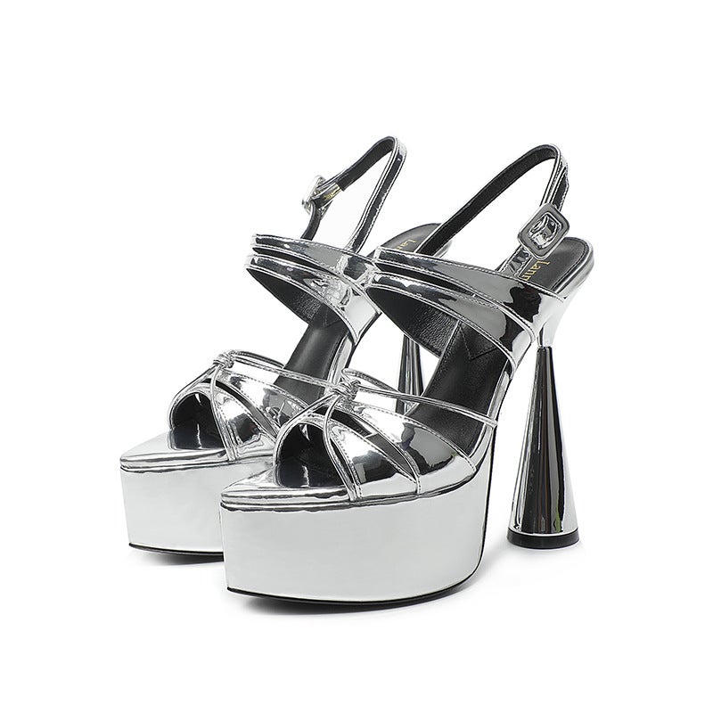 Sheepskin Cowhide Women'S Shoes Waterproof Platform Super High Heel Special-Shaped High Heels Thick Heel Sky-High Full Genuine Leather Women'S Sandals - Image 1