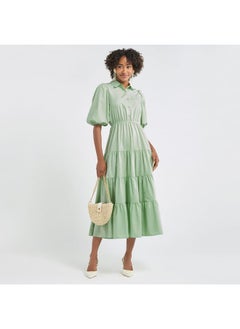 FAV Plain Tiered Shirt Dress with Puff Sleeves  - Image 2