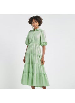 FAV Plain Tiered Shirt Dress with Puff Sleeves  - Image 1