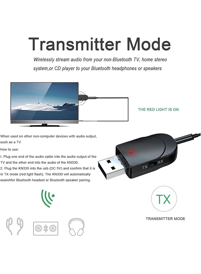 Excefore Bluetooth 5.0 Adapter, Usb To Bluetooth Receiver For Pc/Tv/Car, Aux Converter, Plug And Play Audio Transmitter, Usb Connectivity - Image 2