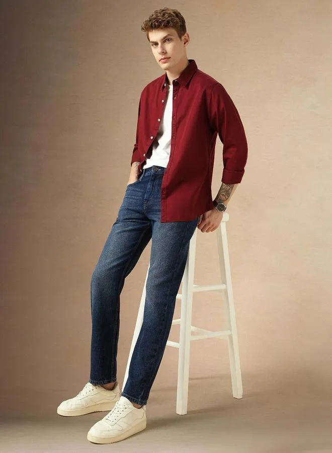 دينيس لينغو Relaxed Fit Maroon Solid Pattern Cotton Men's Shirt with Regular Collar and Full Sleeve