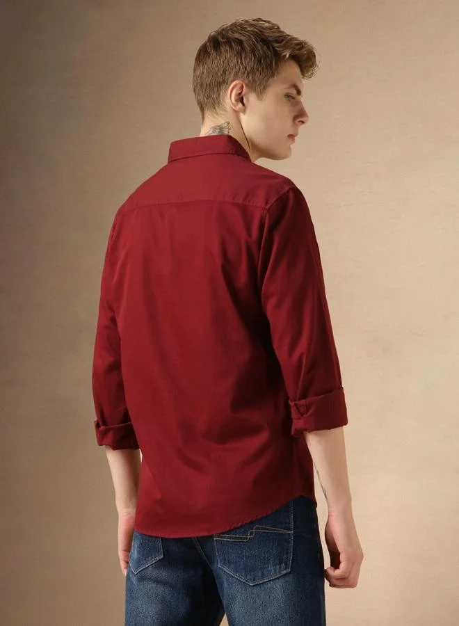 دينيس لينغو Relaxed Fit Maroon Solid Pattern Cotton Men's Shirt with Regular Collar and Full Sleeve