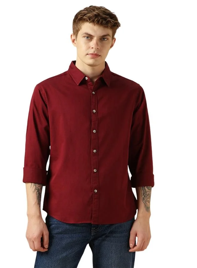 دينيس لينغو Relaxed Fit Maroon Solid Pattern Cotton Men's Shirt with Regular Collar and Full Sleeve