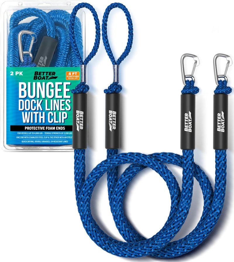 Better Boat Blue Marine Grade Bungee Dock Lines 2 Pieces Stainless Steel 4ft55ft Elastic Cords  SHooks