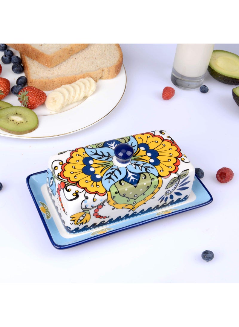Bluejw Bohemian Style Vintage Cheese Container Butter Dish Hand Drawn Ceramic Butter Dish With Lid European Style Butter Plate Tray Used As Butter Dish Holder White Butter Storage For Kitchen Ideal For Home Kitchen - Image 1