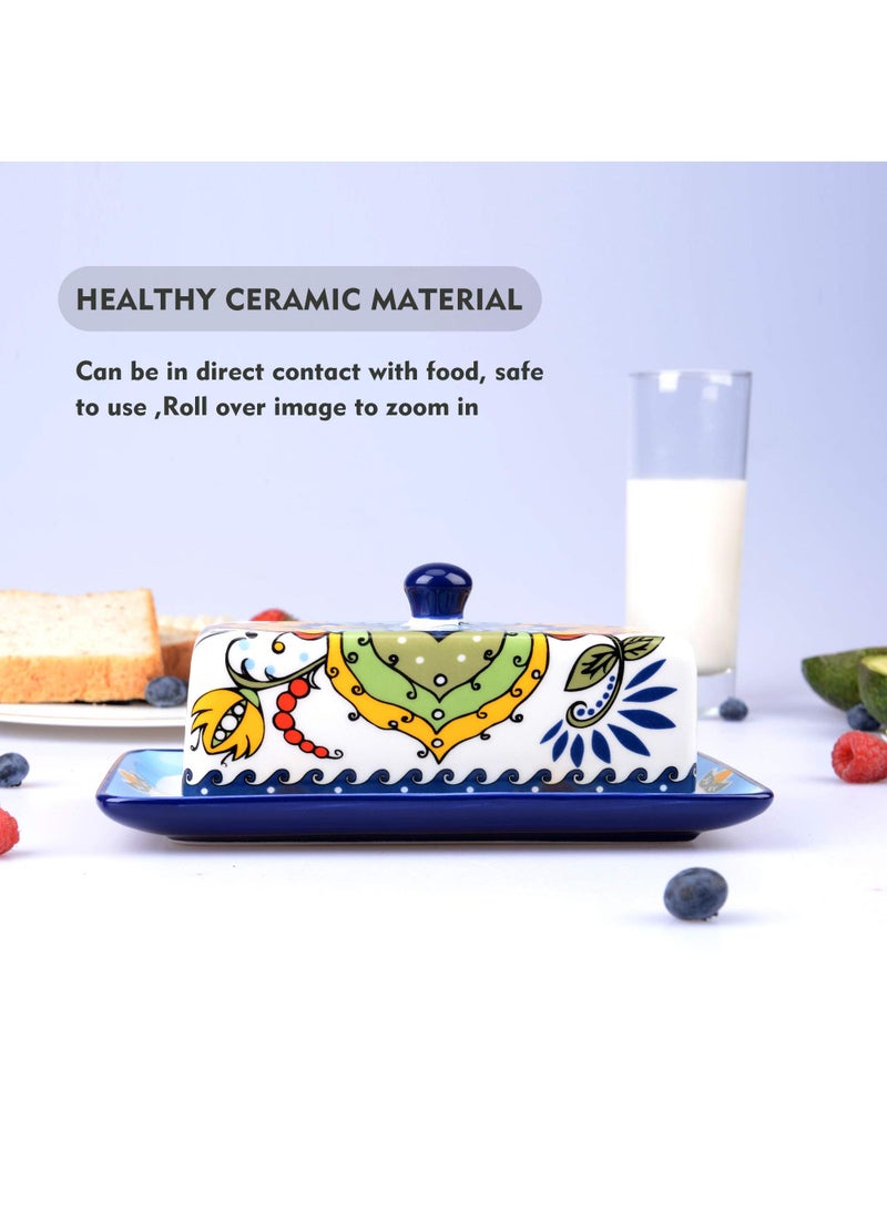 Bluejw Bohemian Style Vintage Cheese Container Butter Dish Hand Drawn Ceramic Butter Dish With Lid European Style Butter Plate Tray Used As Butter Dish Holder White Butter Storage For Kitchen Ideal For Home Kitchen - Image 3