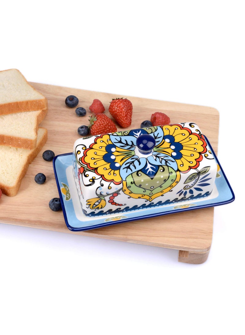 Bluejw Bohemian Style Vintage Cheese Container Butter Dish Hand Drawn Ceramic Butter Dish With Lid European Style Butter Plate Tray Used As Butter Dish Holder White Butter Storage For Kitchen Ideal For Home Kitchen - Image 5