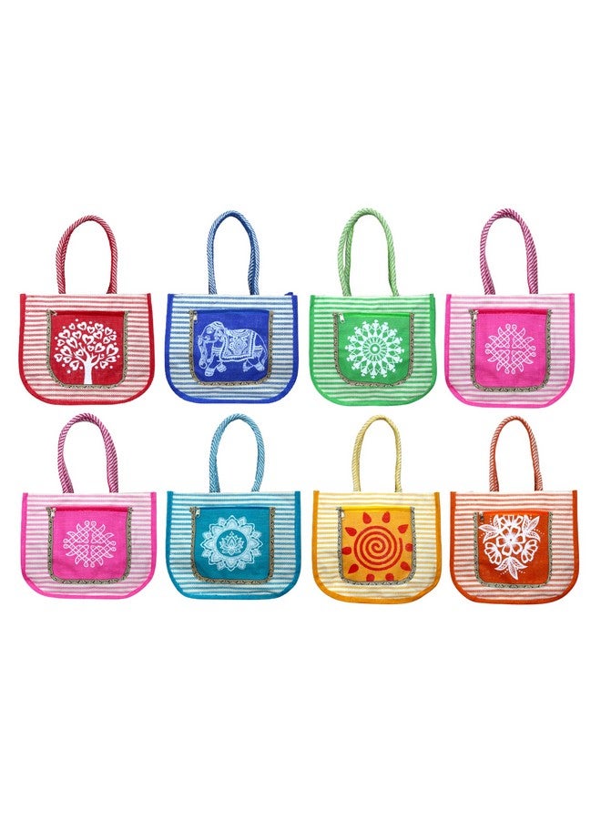 Anumala® Multicolor Contrast Printed Bags|Two Pockets with Zipper Closure for Office,Thamboolam saree bags,Travel,ReturnGifts,Multipurpose.(11x4x12) inch (Pack of 8) - Image 1