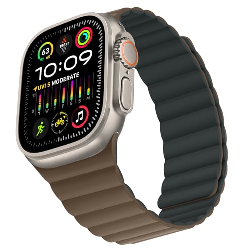 Bisikor Compatible with Apple Watch Band 49 46 45 44 42 41 40 38mm Double Sided Wearable Silicone Magnetic Strap for iWatch Ultra SE Series 11 10 9 8 7 6 5 4 3 2 1 (42/44/45/46/49, L-Brown/L-Black) - Image 1