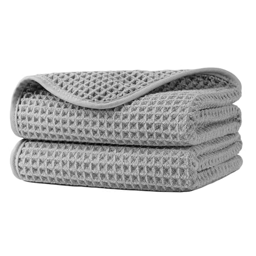 Microfiber Waffle Hand Towels, 2 Pieces, Soft, Absorbent, Fast Drying, Lint Free 430 GSM (Silver) - Image 1