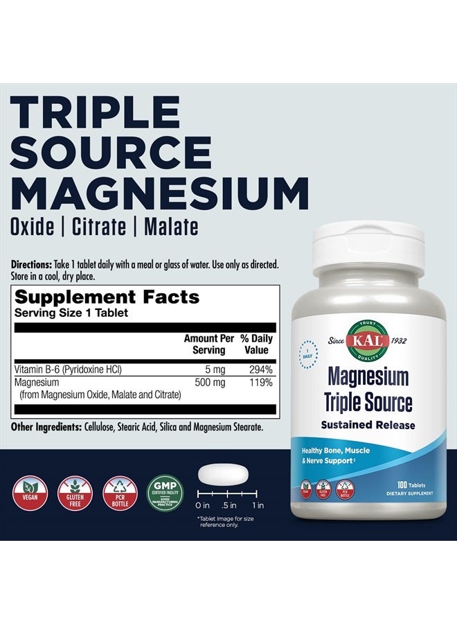 KAL Triple Source Magnesium Complex, Magnesium Citrate, Magnesium Malate, Magnesium Oxide, Sustained Release, Bone, Muscle, Nerve Support, Vegan, Gluten Free, 60-Day Guarantee, 100 Servings, 100 Tabs - Image 2