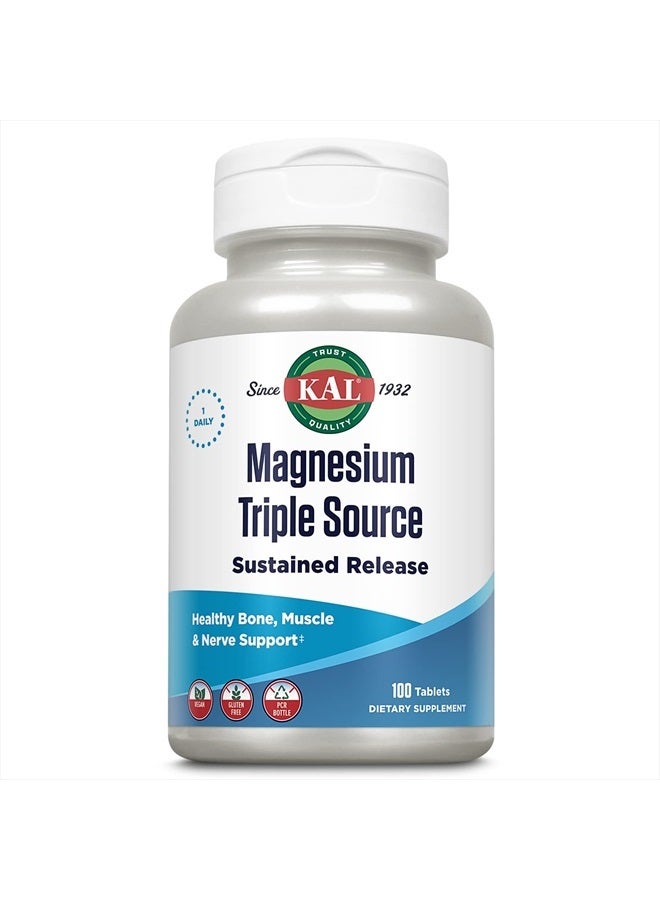 KAL Triple Source Magnesium Complex, Magnesium Citrate, Magnesium Malate, Magnesium Oxide, Sustained Release, Bone, Muscle, Nerve Support, Vegan, Gluten Free, 60-Day Guarantee, 100 Servings, 100 Tabs - Image 1