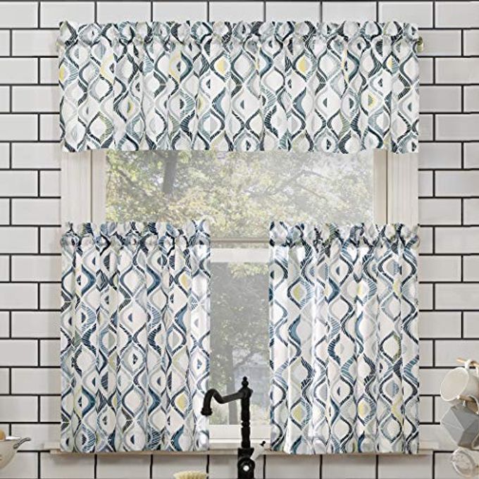 No. 918 Barker Geometric Semi-Sheer Rod Pocket Kitchen Curtain Valance and Tiers Set, 54" x 24", White - Image 1