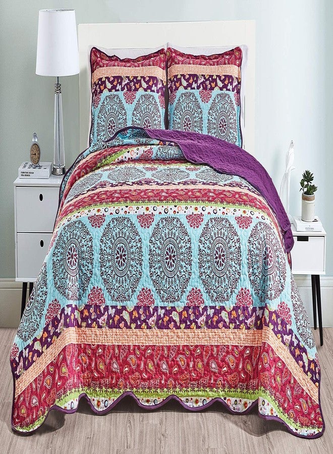 Masterplay 3-Piece Fine Printed Oversize (115" X 95") Quilt Set, Bedspread Coverlet King Size Bed Cover (Purple, Red, Blue, Boho, Paisley) - Image 1
