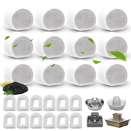 2440 Pcs Replacement Carbon Charcoal Filters Dog and Cat Water Fountain Compatible with Multiple Pet Fountains 12 Carbon Filters 12 Sponges